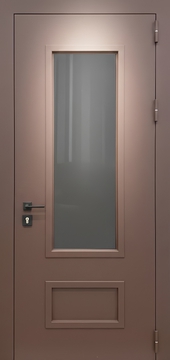 Входная термодверь с большим остеклением, металлобагетом и коричневой полимерной покраской